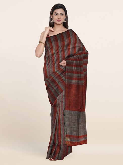 Pothys Grey Linen Striped Saree With Unstitched Blouse Price in India