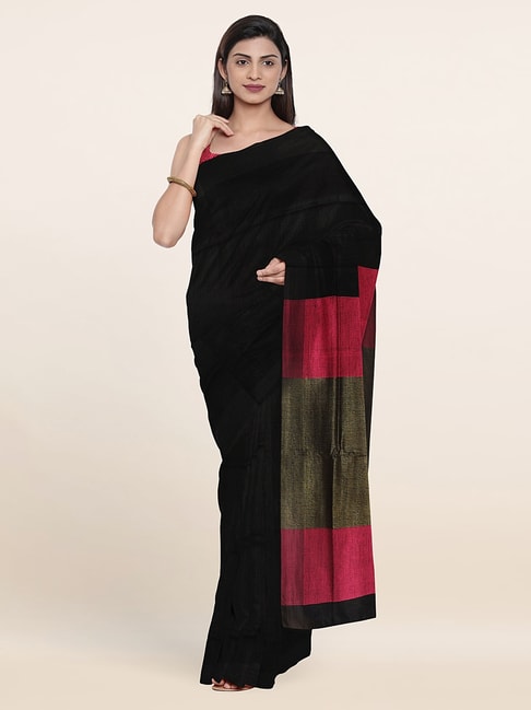 Pothys Black Linen Woven Saree With Unstitched Blouse Price in India