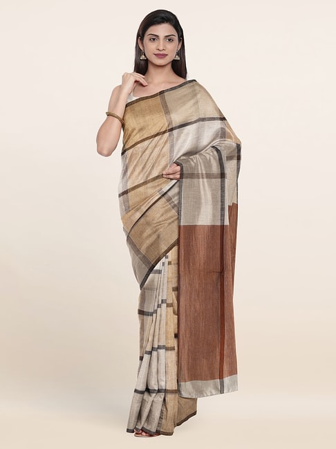 Pothys Beige Linen Chequered Saree With Unstitched Blouse Price in India