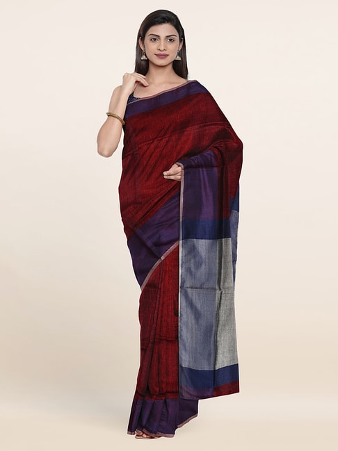 Pothys Maroon Linen Woven Saree With Unstitched Blouse Price in India
