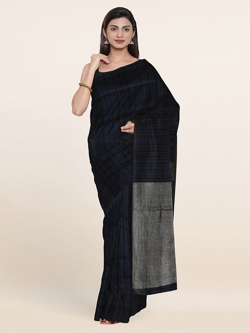 Pothys Black Linen Striped Saree With Unstitched Blouse Price in India