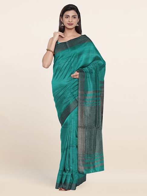 Pothys Green Linen Striped Saree With Unstitched Blouse Price in India
