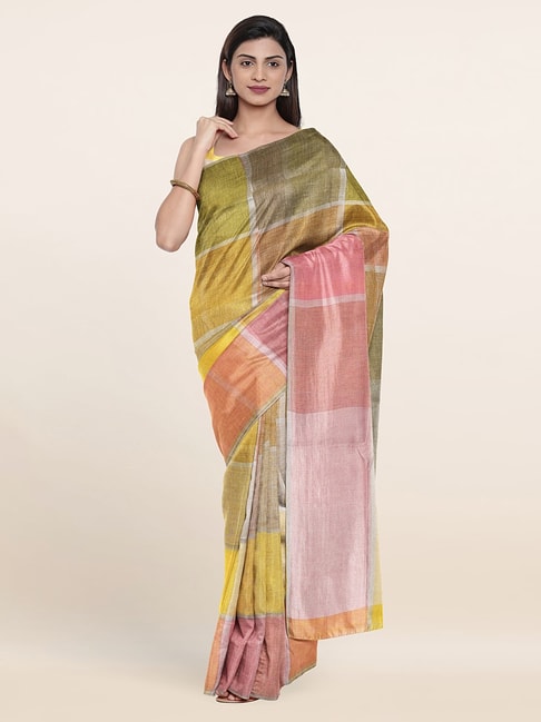 Pothys Green & Yellow Linen Woven Saree With Unstitched Blouse Price in India