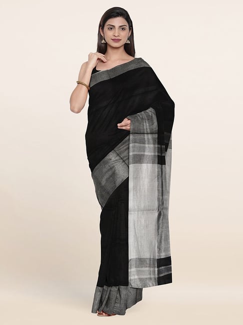 Pothys Black Linen Striped Saree With Unstitched Blouse Price in India