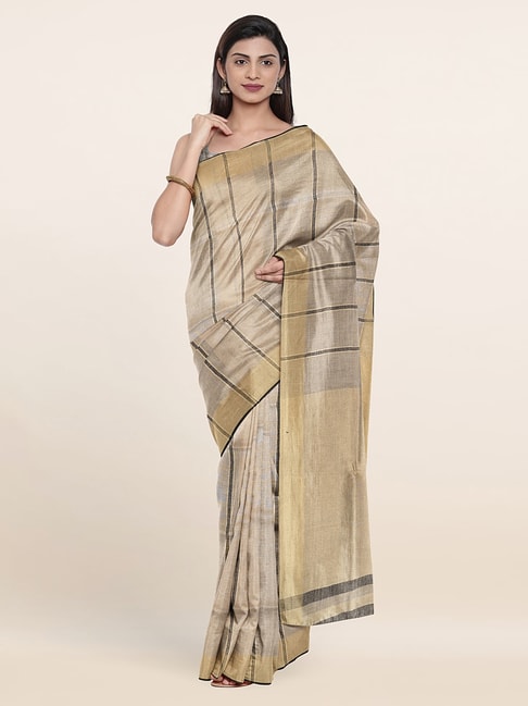 Pothys Beige Linen Striped Saree With Unstitched Blouse Price in India