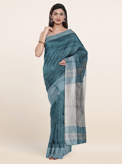 Pothys Turquoise Linen Striped Saree With Unstitched Blouse Price in India