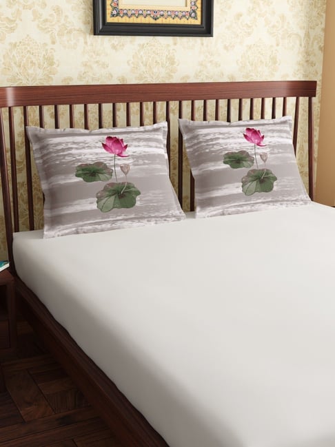 Petal Home Lotus Floral Beige 300 TC Cotton King Sized Pillow Covers - Set of 2