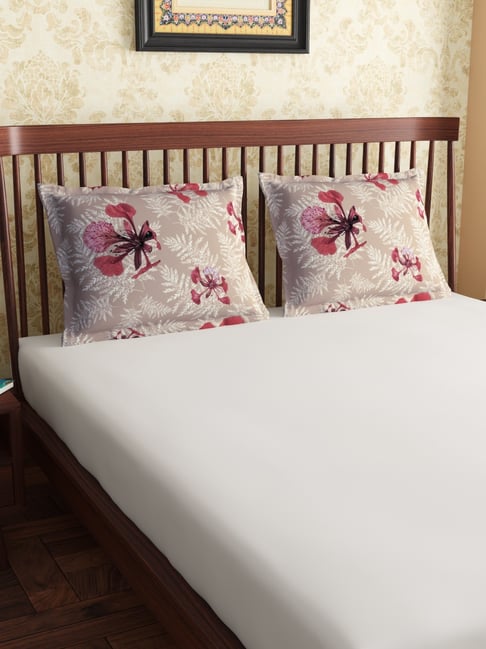 Petal Home Poinciana Floral Beige 300 TC Cotton King Sized Pillow Covers - Set of 2