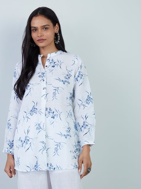 Zuba by Westside Indigo Floral Patterned A-Line Linen Kurti Price in India
