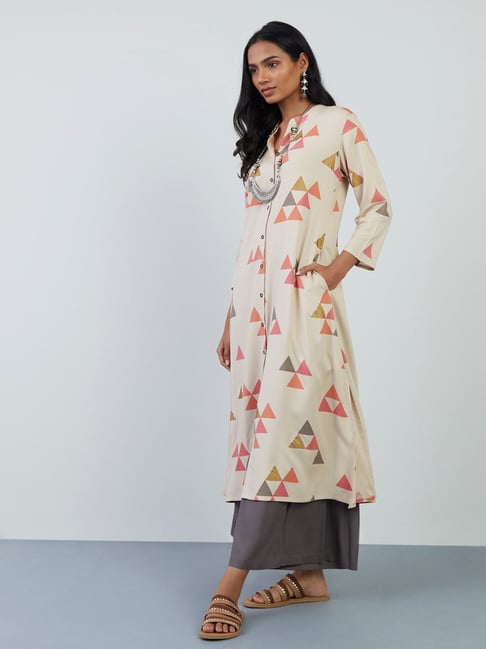 Utsa by Westside Beige Geometrical Design A-Line Kurta Price in India