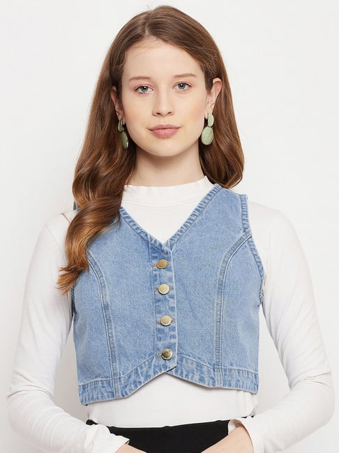 Buy MADAME Blue V Neck Denim Jacket for Women's Online Tata CLiQ