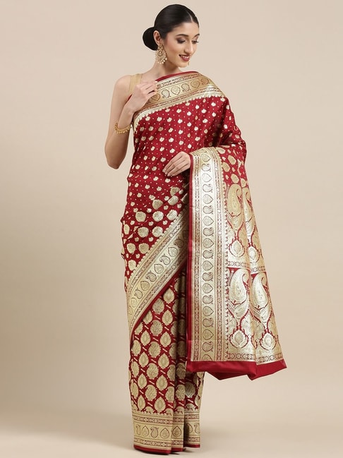 Banarasi Silk Works Maroon Woven Saree With Unstitched Blouse Price in India