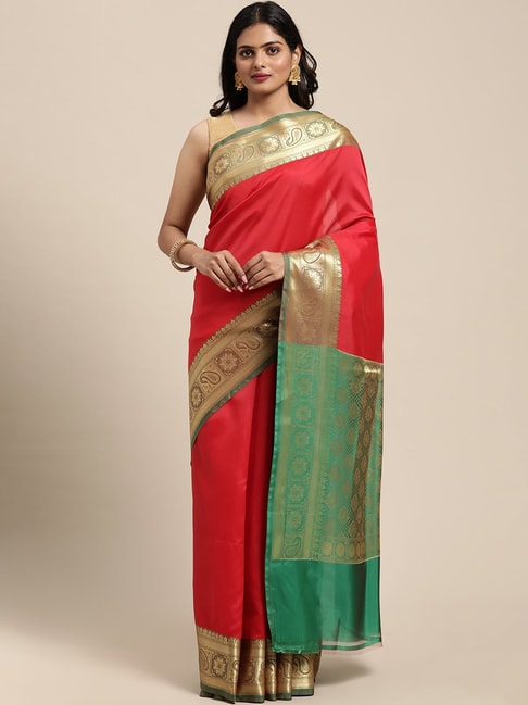 Banarasi Silk Works Red Silk Woven Saree With Unstitched Blouse Price in India