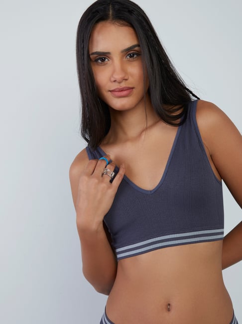 Superstar Charcoal Ribbed Padded Plunge Bra Price in India