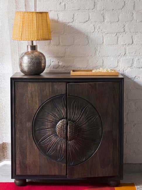 Fabindia Brown Mango Wood Textured Bakula Side Cabinet