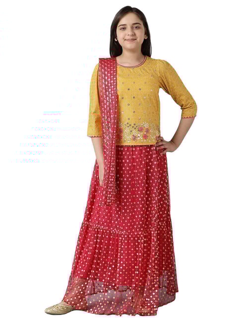 Aurelia Kids Yellow & Red Embroidered Top with Skirt & Dupatta-picture-27