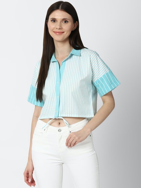 Forever 21 White & Blue Striped Crop Shirt Price in India