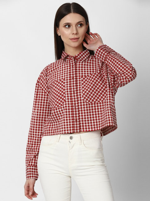Forever 21 Red & White Checks Crop Shirt Price in India