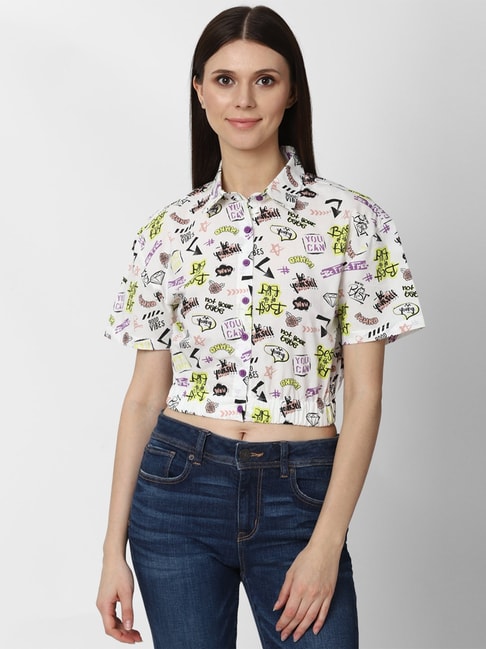 Forever 21 White Printed Crop Shirt Price in India