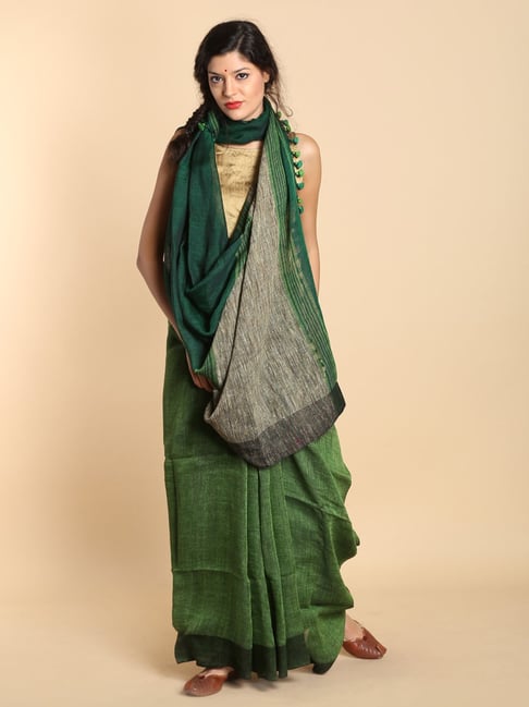 Desi Weavess Green Linen Striped Saree Price in India