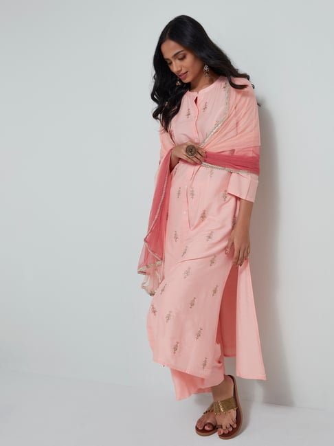 Vark by Westside Pink A-Line Kurta, Palazzos, Dupatta Set Price in India
