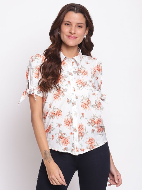 Latin Quarters White & Orange Floral Print Shirt Price in India