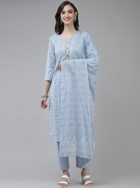 Yufta Sky Blue Cotton Printed Kurta Pant Set with Dupatta Price in India