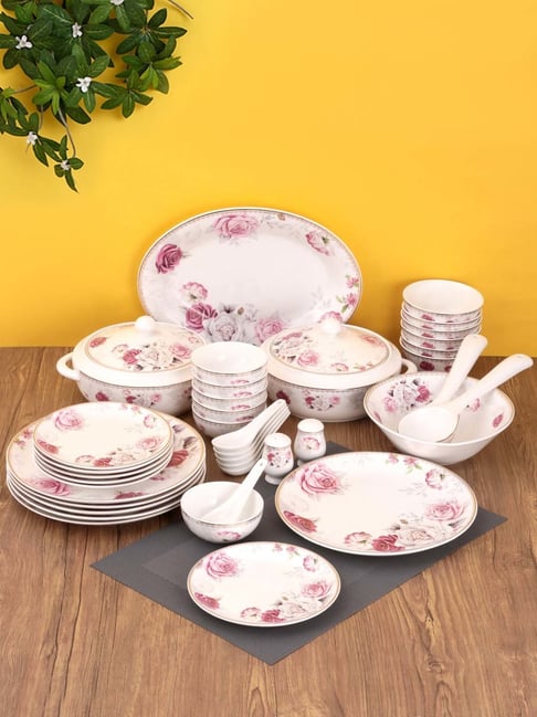Buy Clay Craft 'Fine' White Pink Ceramic 40 Piece Dinner Set at - Main Image