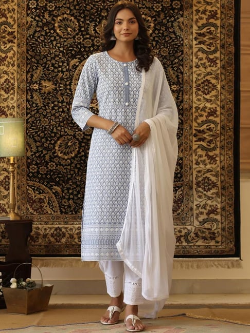 SCAKHI Blue Cotton Woven Pattern Kurta Pant Set with Dupatta Price in India