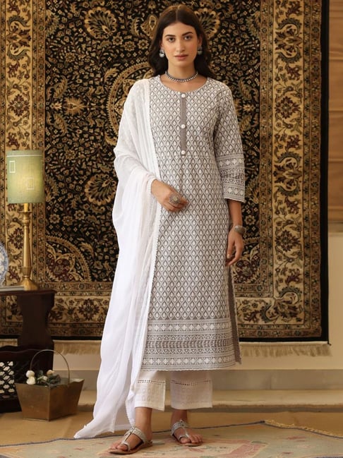 SCAKHI Grey Cotton Woven Pattern Kurta Pant Set with Dupatta Price in India