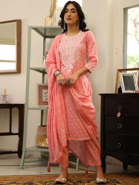 SCAKHI Pink Cotton Printed Kurta Pant Set with Dupatta Price in India