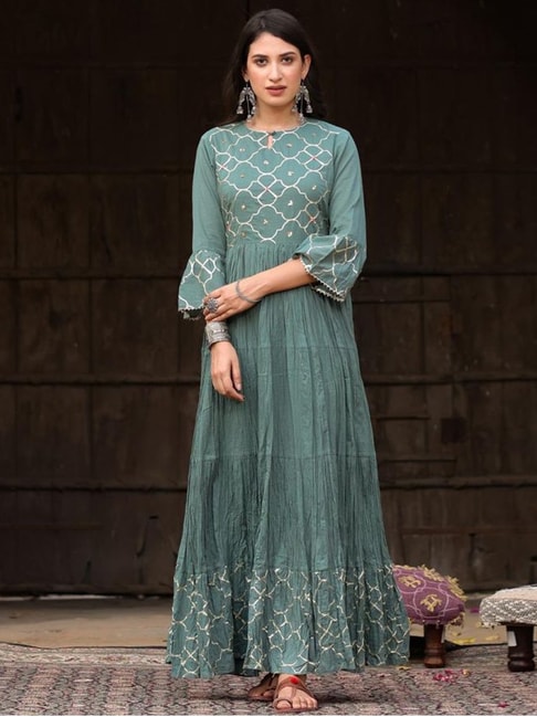 SCAKHI Green Cotton Embellished Anarkali Kurta Price in India