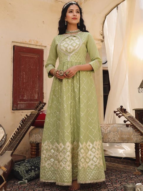 SCAKHI Pista Green Cotton Zari Work Anarkali Kurta Price in India