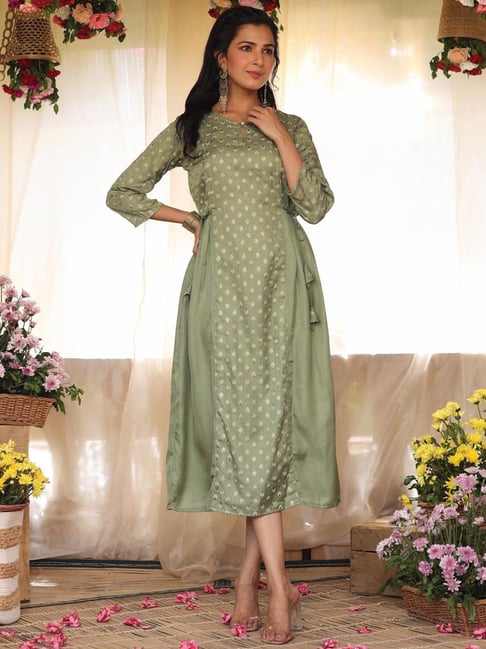 Chikankari Hand embroidery Round neck Dress with Pocket- Pista Green -  House Of Kari (Chikankari Clothing)