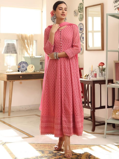 SCAKHI Pink Embroidered Anarkali Kurta With Dupatta Price in India