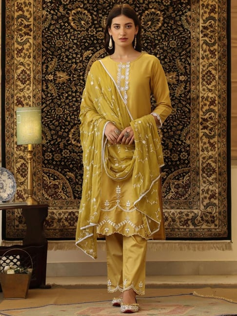 SCAKHI Mustard Embroidered Kurta Pant Set with Dupatta Price in India
