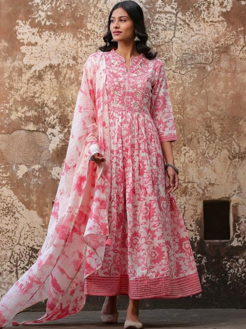 SCAKHI Pink Printed Anarkali Kurta With Dupatta Price in India