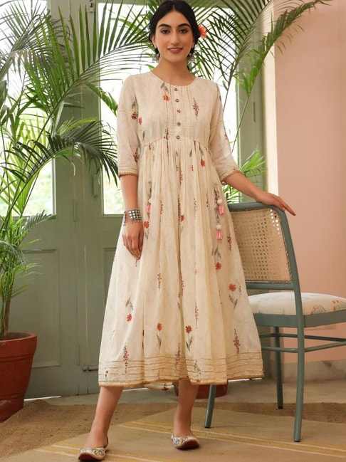 SCAKHI White Cotton Embroidered Anarkali Kurta Price in India