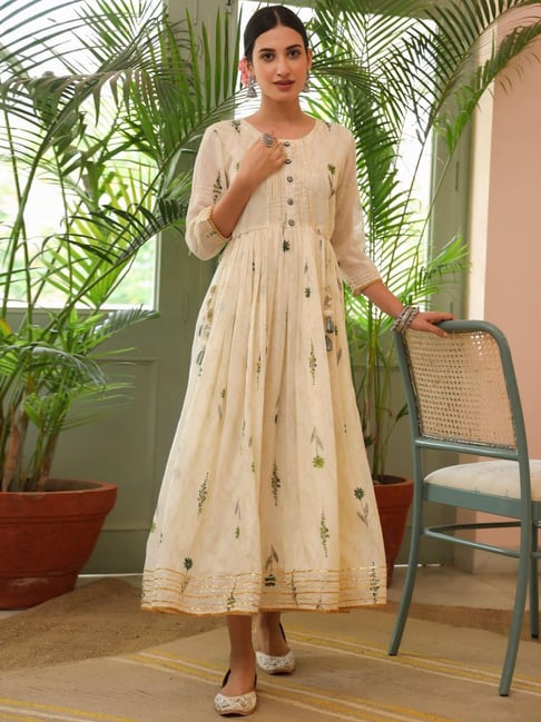 SCAKHI Off-White Cotton Embroidered Anarkali Kurta Price in India