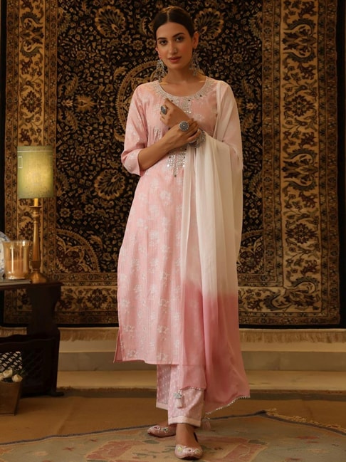 SCAKHI Pink Cotton Printed Kurta Pant Set with Dupatta Price in India