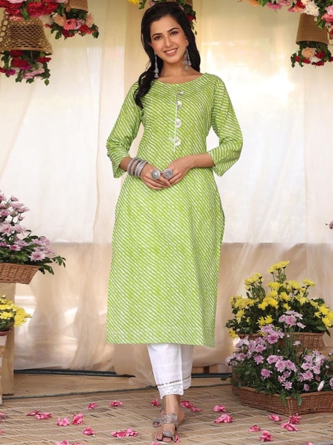 SCAKHI Green Cotton Striped Straight Kurta Price in India
