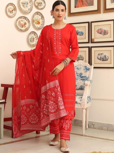 SCAKHI Red Embroidered Kurta Pant Set with Dupatta Price in India