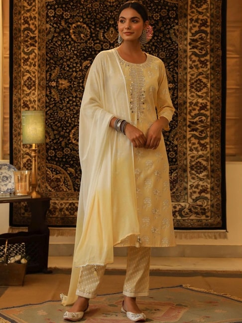 SCAKHI Yellow Cotton Printed Kurta Pant Set with Dupatta Price in India