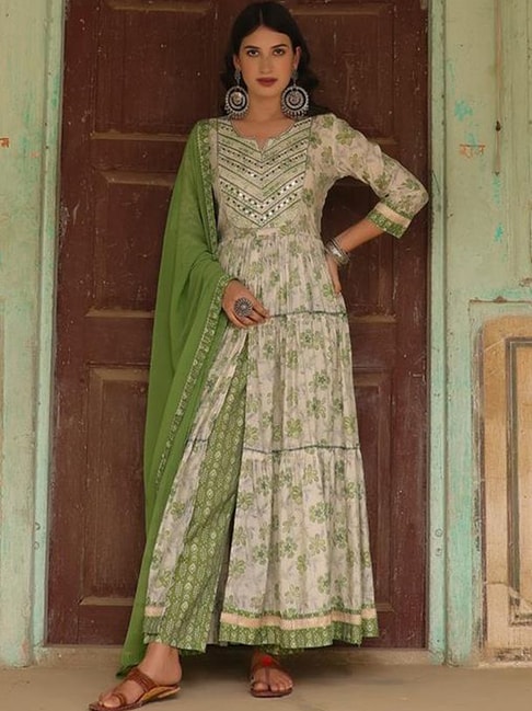SCAKHI Green Printed Kurta Pant Set with Dupatta Price in India