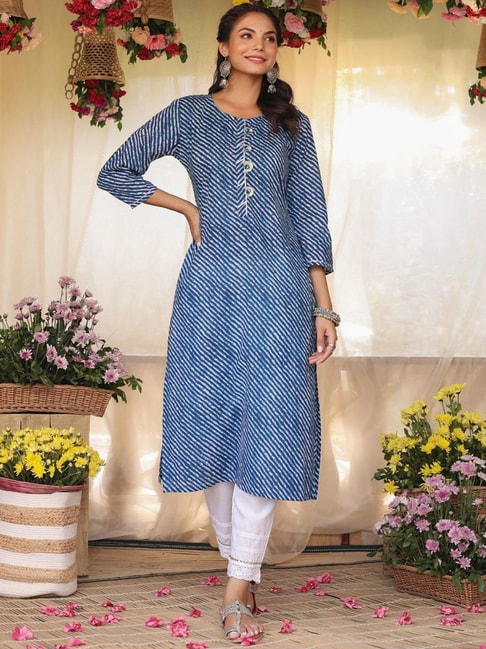 SCAKHI Blue Cotton Striped Straight Kurta Price in India
