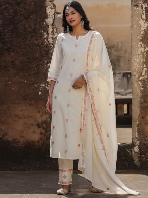 SCAKHI White Cotton Kurta Pant Set with Dupatta Price in India