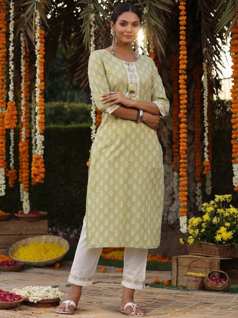 SCAKHI Green Cotton Printed Kurta Pant Set Price in India