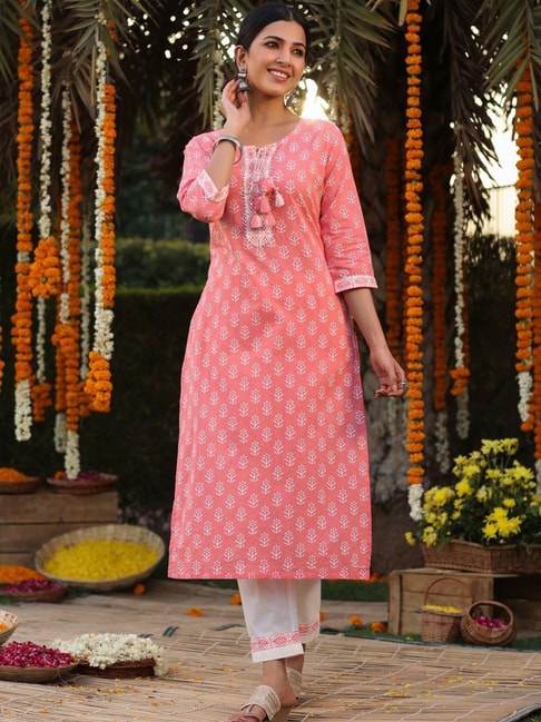 SCAKHI Pink Cotton Printed Kurta Pant Set Price in India