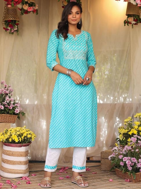 SCAKHI Blue Cotton Striped Kurta Pant Set Price in India