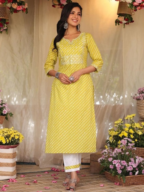 SCAKHI Yellow Cotton Striped Kurta Pant Set Price in India